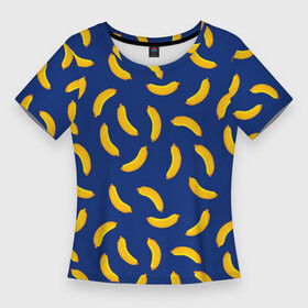 Женская футболка 3D Slim с принтом Banana style Банана стайл, веселый банановый паттерн на синем фоне в Тюмени,  |  | Тематика изображения на принте: банан | бананы | веганы | вегетаринцы | желтый | плоский стиль | синий | текстура | тропики | фруктовый | фрукты | хаотичный