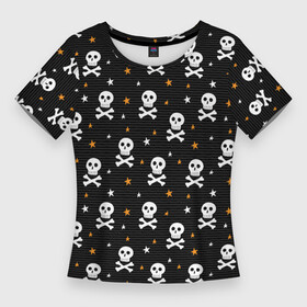 Женская футболка 3D Slim с принтом Черепа и кости, паттерн в Тюмени,  |  | детский | дудл | звезды | кости | паттерн | пират | пиратский | скрещенные | хэллоуин | человеческие | черепа | черный