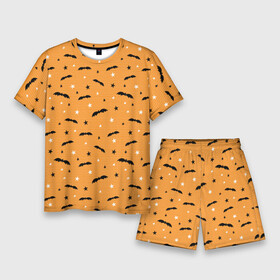 Мужской костюм с шортами 3D с принтом Летучие мыши, паттерн в Тюмени,  |  | Тематика изображения на принте: детский | дудл | звезды | летучие | мыши | оранжевый | паттерн | силуэт | хэллоуин | черные