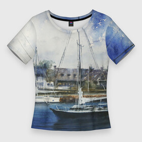 Женская футболка 3D Slim с принтом Во французской гавани в Тюмени,  |  | french harbor | french sailboat | sailboat | гавань | море и парусник | парусник | парусники | французская гавань | французские яхты | французский парусник | художник ильина ирина | яхта | яхты