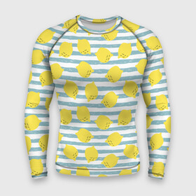 Мужской рашгард 3D с принтом Лимоны на полосатом фоне в Тюмени,  |  | голубая | еда | желтый | летний | лимоны | милый | пастельный | паттерн | полосатый | полоска | фрукт | цитрус