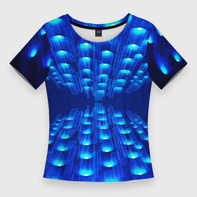 Женская футболка 3D Slim с принтом GLOWING SPOTLIGHTS в Тюмени,  |  | Тематика изображения на принте: абстракция | блеск | блестящий | луч | освещение | освещенный | прожектор | пространство | свет | светящийся | свечение | синий | темнота | фон | черный | эффект | яркий