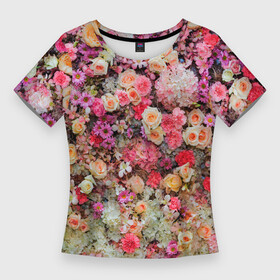 Женская футболка 3D Slim с принтом MILLION MULTICOLORED FLOWERS в Тюмени,  |  | абстрактный | гвоздики | желтый | красный | разноцветный | розы | фон