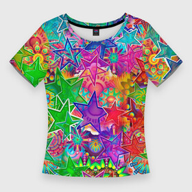 Женская футболка 3D Slim с принтом COLOR STARFALL в Тюмени,  |  | абстракция | желтый | звездопад | звезды | космос | красиво | минимализм | узор | фиолетовый | фон | цвета