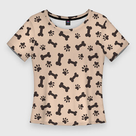 Женская футболка 3D Slim с принтом Отпечатки лапок и косточки в Тюмени,  |  | бежевый | кости | косточки | лап | лапок | милый | отпечатки | паттерн | следы | собаки | собачьи | узор