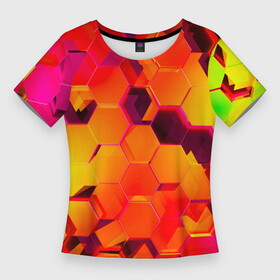 Женская футболка 3D Slim с принтом НЕОНОВЫЕ ГРАДИЕНТНЫЕ 3D гексаэдры в Тюмени,  |  | 3d | 3d неон | 3д | 3д неон | 3д неон желтый | 3д неон оранжевый | броня | желтые принты | киберброня | киберпанк | киберпанк броня | красочные принты | латние принты | неон | неоновые принты
