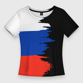 Женская футболка 3D Slim с принтом Российский триколор на темном фоне в Тюмени,  |  | патриотизм | патриотичные | россия | триколор | флаг
