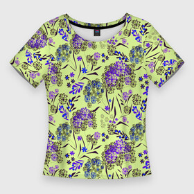 Женская футболка 3D Slim с принтом Фиолетовые цветы на зеленом фоне в Тюмени,  |  | floral pattern | green | зеленый | фиолетовый | цветочный узор