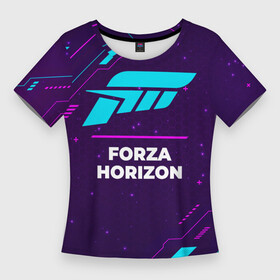 Женская футболка 3D Slim с принтом Символ Forza Horizon в неоновых цветах на темном фоне в Тюмени,  |  | forza | forza horizon | horizon | logo | neon | игра | игры | лого | логотип | неон | символ | соты | форза | хорайзон