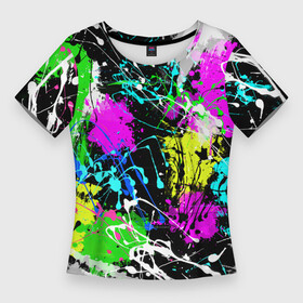 Женская футболка 3D Slim с принтом Разноцветные пятна краски на черном фоне. в Тюмени,  |  | paint stains | paint strokes | абстрактная картина | мазня | пятна | разноцветные пятна | черный