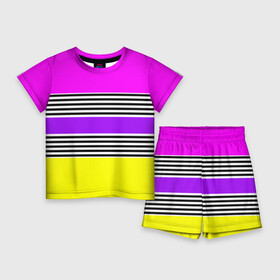 Детский костюм с шортами 3D с принтом Яркие неоновые полосы в сочетании с черно белыми полосками. в Тюмени,  |  | Тематика изображения на принте: neon stripes | stripes | желтый неоновый | неоноые полосы | полосаты узор | розовый неоновый