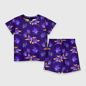 Детский костюм с шортами 3D с принтом Цветы Фиолетовые Ирисы На Синем Фоне в Тюмени,  |  | Тематика изображения на принте: flowers | букет | ирисы | природа | растение | синий | фиолетовый | флора | цветы