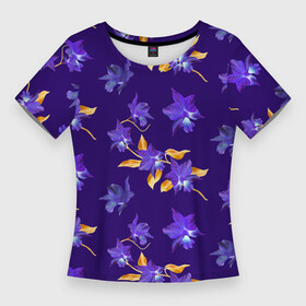 Женская футболка 3D Slim с принтом Цветы Фиолетовые Ирисы На Синем Фоне в Тюмени,  |  | Тематика изображения на принте: flowers | букет | ирисы | природа | растение | синий | фиолетовый | флора | цветы
