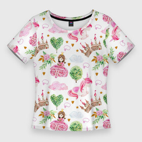 Женская футболка 3D Slim с принтом Принцесса, замки и единороги в Тюмени,  |  | барби | девушка | единороги | замки | замок | кукла