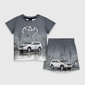 Детский костюм с шортами 3D с принтом Toyota Land Cruiser на фоне скалы в Тюмени,  |  | car | off road vehicle | rock | toyota | автомобиль | внедорожник | скала | тойота