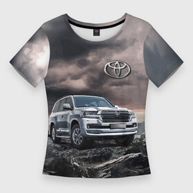 Женская футболка 3D Slim с принтом Toyota Land Cruiser 200 среди скал в Тюмени,  |  | car | land cruiser | mountains | off road vehicle | rock | toyota | автомобиль | внедорожник | горы | скалы | тойота