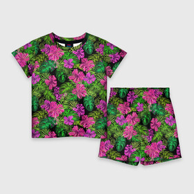 Детский костюм с шортами 3D с принтом Тропические листья и цветы на черном фоне в Тюмени,  |  | tropics | tropics  plants | зеленый | листья | монстера | папоротник | розовый | тропические растения | цветы