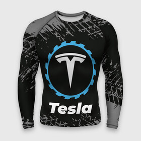 Мужской рашгард 3D с принтом Tesla в стиле Top Gear со следами шин на фоне в Тюмени,  |  | Тематика изображения на принте: auto | brand | gear | logo | symbol | tesla | top | авто | бренд | гир | илон | лого | маск | символ | следы | тесла | топ | шин | шины