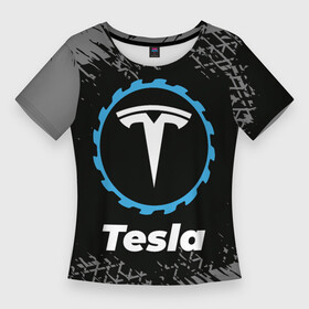 Женская футболка 3D Slim с принтом Tesla в стиле Top Gear со следами шин на фоне в Тюмени,  |  | auto | brand | gear | logo | symbol | tesla | top | авто | бренд | гир | илон | лого | маск | символ | следы | тесла | топ | шин | шины