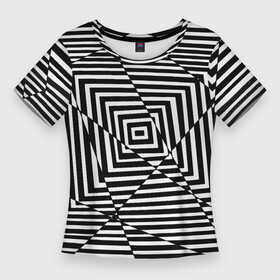 Женская футболка 3D Slim с принтом Broken Square в Тюмени,  |  | иллюзия | иллюзия линии | квадрат | квадраты | психоделика | черно   белое
