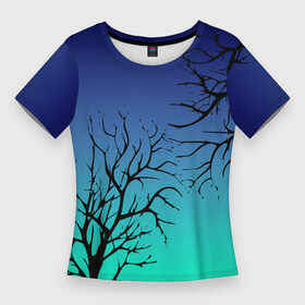 Женская футболка 3D Slim с принтом Черные абстрактные ветки деревьев на сине зеленом градиенте в Тюмени,  |  | abstraction | blue green | gradient | абстракция | ветки | ветки деревьев | градиент | зеленый | синий