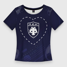 Женская футболка 3D Slim с принтом Лого AEK Athens в сердечке на фоне мячей в Тюмени,  |  | aek | aek athens | athens | club | football | logo | love | аек | клуб | краска | лого | мяч | сердечко | символ | спорт | футбол | футболист | футболисты | футбольный