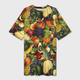Платье-футболка 3D с принтом Вкусные Летние Фрукты в Тюмени,  |  | bananas | fruits | garnet | pineapples | summer | ананасы | бананы | виноград | вишня | гранат | груши | киви | клубника | лето | сливы | фрукты | яблоки
