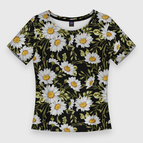 Женская футболка 3D Slim с принтом Ромашки белые цветы на темном фоне в Тюмени,  |  | chamomiles | белые цветы | ботаника | природа | ромашка | ромашки | ромашковый | цветочный | цветы