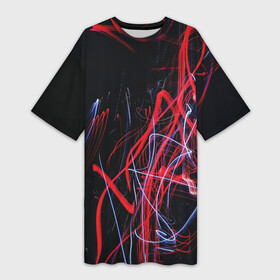 Платье-футболка 3D с принтом Неоновые лучи в абстракции  Красный и синий в Тюмени,  |  | абстракция | линии | лучи | неон | сюрреализм