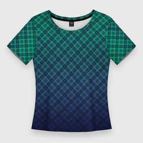 Женская футболка 3D Slim с принтом Клетчатый узор на сине зеленом градиентном фоне в Тюмени,  |  | blue | checkered | gradient | gradient pattern | green | градиент | зеленый | клетка | клетчатый градиент | косая клетка | синий