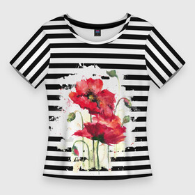 Женская футболка 3D Slim с принтом Red poppies Акварельные цветы в Тюмени,  |  | poppies | red poppies | watercolor | акварель | красные маки | маки | полосатый | черно белые полосы