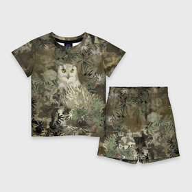 Детский костюм с шортами 3D с принтом Сова на абстрактном коричневом фоне в Тюмени,  |  | camo | olive | owl | камуфляж | коричневый | оливковый | птица | сова