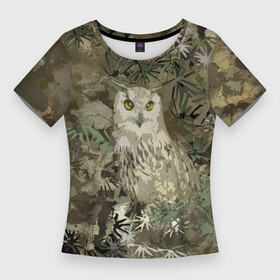 Женская футболка 3D Slim с принтом Сова на абстрактном коричневом фоне в Тюмени,  |  | camo | olive | owl | камуфляж | коричневый | оливковый | птица | сова