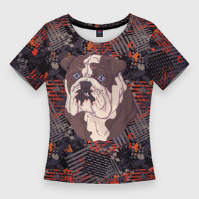 Женская футболка 3D Slim с принтом Морда бульдога DOG в Тюмени,  |  | довольный | довольный пес | пес | с высунутым языком | собака | собачка