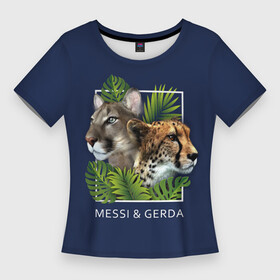Женская футболка 3D Slim с принтом Messi  Gerda в Тюмени,  |  | Тематика изображения на принте: гепард | герда | квадрат | кошки | листья | месси | надпись | папоротник | пума