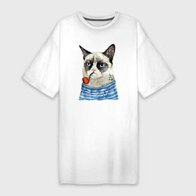Платье-футболка хлопок с принтом Котяра в тельняшке с трубкой  Grumpy cat  Meme в Тюмени,  |  | anchor | cat | ears | eyes | grumpy cat | meme | muzzle | vest | глаза | котёнок | мем | тельняшка | уши | якорь