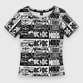 Женская футболка 3D Slim с принтом THE TEXTURE OF LEGENDARY ROCK BANDS в Тюмени,  |  | ac dc | linkin park | metallica | nirvana | группы | музыкальная | популярные | рок
