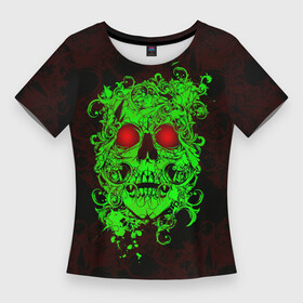 Женская футболка 3D Slim с принтом ужасный череп в Тюмени,  |  | зеленый череп | панк | пираты | рок | скелет | череп