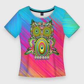 Женская футболка 3D Slim с принтом Совушка  сова в Тюмени,  |  | зеленый | красный | круги | полосы | птица | радуга | розовый | синий | сова | шары