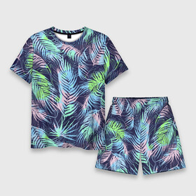 Мужской костюм с шортами 3D с принтом Разноцветные Листья Пальм в Тюмени,  |  | jungles | palm | palm tree | summer | букет | деревья | джунгли | лето | листья | пальма | природа | растение | флора | чёрный