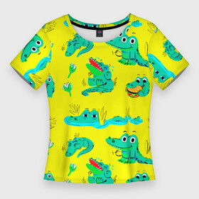 Женская футболка 3D Slim с принтом GREEN CROCODILES в Тюмени,  |  | аллигатор | дикая природа | желтый | животное | забавный | зеленый | крокодил | милый