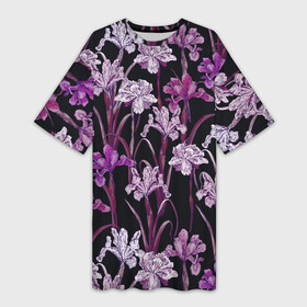 Платье-футболка 3D с принтом Цветы Фиолетовые Ирисы в Тюмени,  |  | Тематика изображения на принте: flowers | summer | букет | ирисы | лето | природа | растение | фиолетовый | флора | цветы
