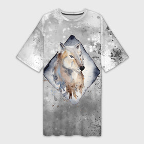 Платье-футболка 3D с принтом Снежный  волк 3D в Тюмени,  |  | wolf | волк | волчица | снег | снежный волк