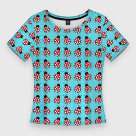 Женская футболка 3D Slim с принтом LADYBUGS ON A BLUE BACKGROUND в Тюмени,  |  | акварель | красный | насекомое | природа | точки | узор | черный