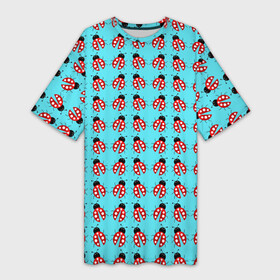 Платье-футболка 3D с принтом LADYBUGS ON A BLUE BACKGROUND в Тюмени,  |  | акварель | красный | насекомое | природа | точки | узор | черный