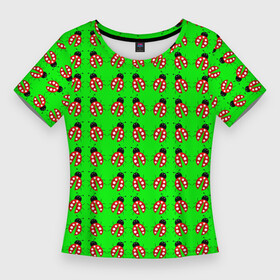Женская футболка 3D Slim с принтом LADYBUG ON A GREEN BACKGROUND в Тюмени,  |  | Тематика изображения на принте: акварель | жук | зеленый | красный | насекомое | точки | узор | черный