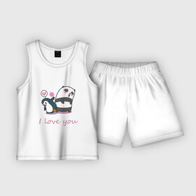 Детская пижама с шортами хлопок с принтом PENGUIN AND PANDA в Тюмени,  |  | Тематика изображения на принте: панда | пингвин | признание | сердечко | цветок | я люблю тебя