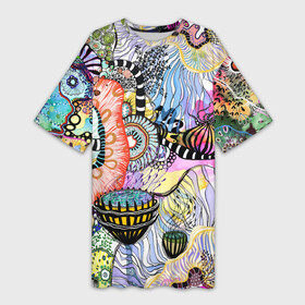 Платье-футболка 3D с принтом Подводный цветочно коралловый мир в Тюмени,  |  | абстрактные цветы | акварельные цветы | бесшовный паттерн | бесшовный плательный | коралловый мир | кораллы | необычные цветы | подводный мир | фантазийные цветы | цветочный | цветочный патт
