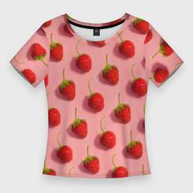 Женская футболка 3D Slim с принтом Strawberry Pattern в Тюмени,  |  | 3d | девушкам | для девушек | клубника | клубничка | паттерн | розовая