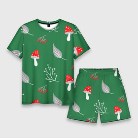 Мужской костюм с шортами 3D с принтом Грибочки на зеленом фоне, паттерн в Тюмени,  |  | berries | berry | cottagecore | forest | gray | mushroom | red | white | белый | бесшовный | ветки | веточки | грибочки | грибы | детский | зелены | красный | лес | лето | листики | листья | милый | минималистичный | мухоморы | осень